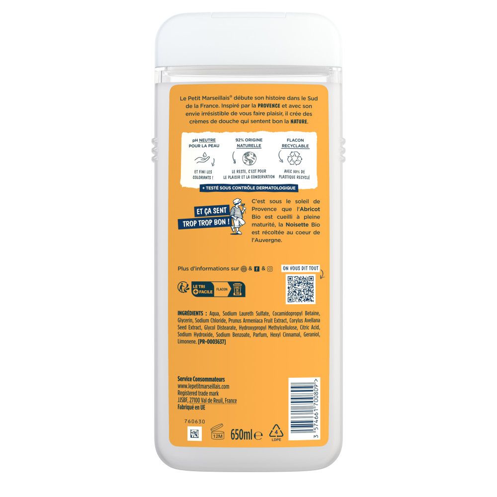 Dos du flacon. Texte: Le Petit Marseillais. 50% ingrédients naturels. Flacon recyclable. Ingrédients et code QR.