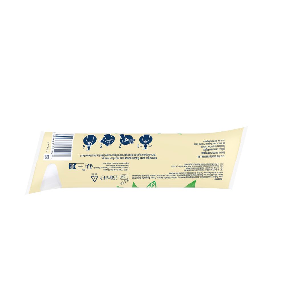 Dos du sachet de Crème lavante Mains Lait. Texte et code-barres. 250ml.