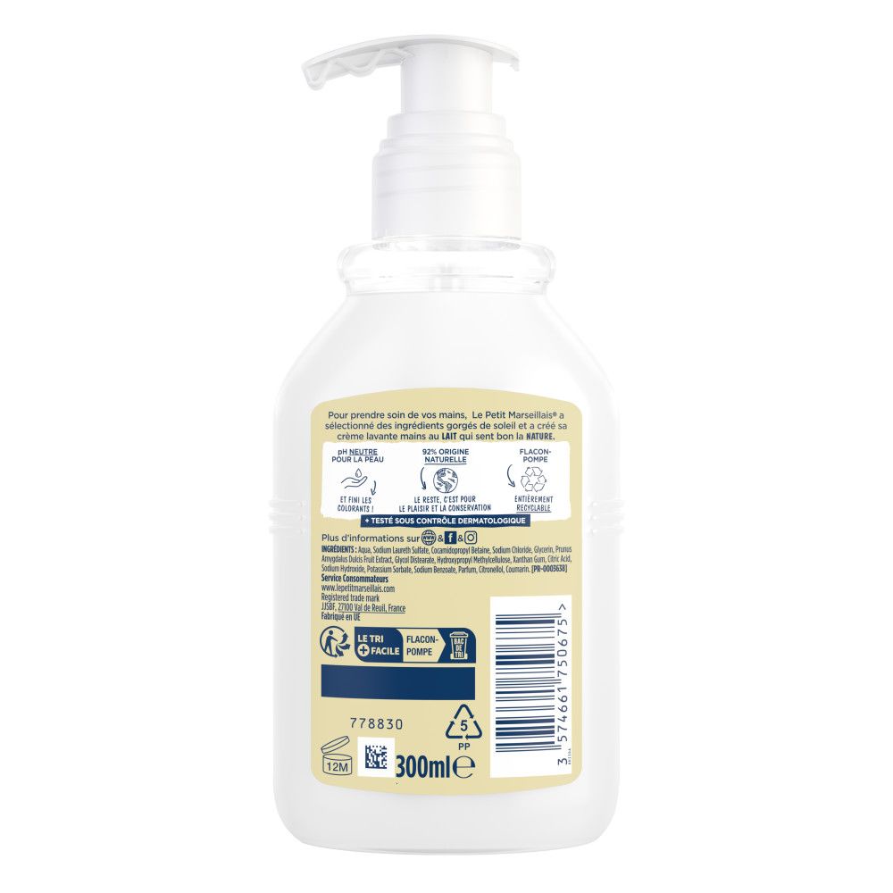 Dos du flacon. Texte et logos. 300ml. Informations de recyclage. Ingrédients.