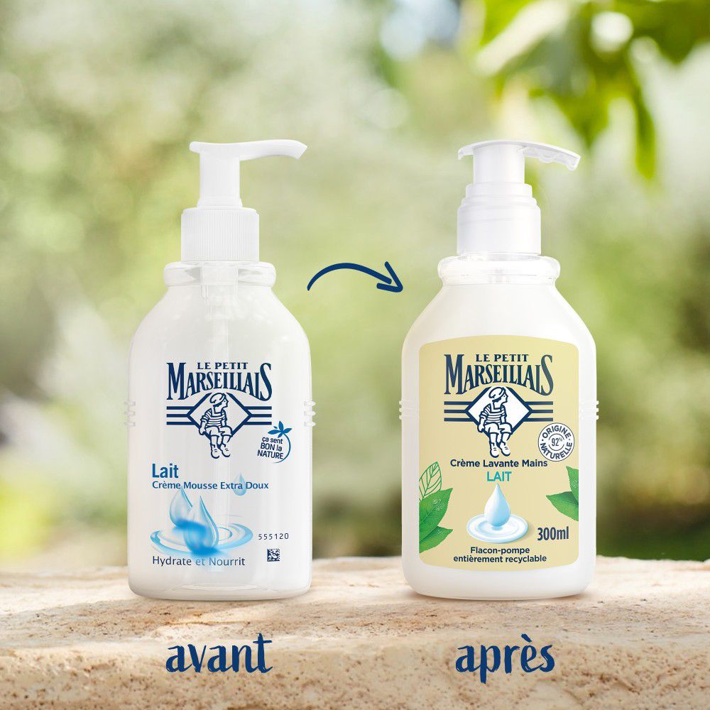 Comparaison avant-après. Deux flacons. Texte: Lait Crème Mousse Extra Doux. 300ml.