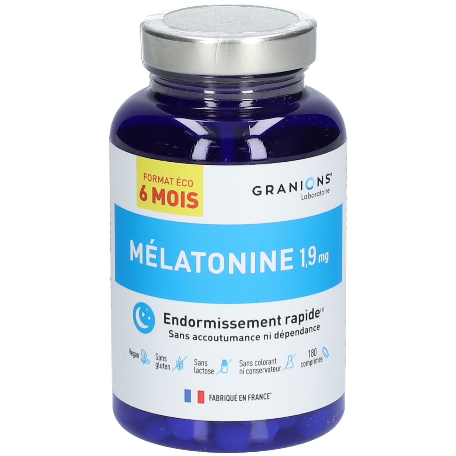 Flacon bleu de comprimés. Inscription : Mélatonine 1,9 mg, 180 comp. Vegan, sans gluten, sans lactose, sans colorant.
