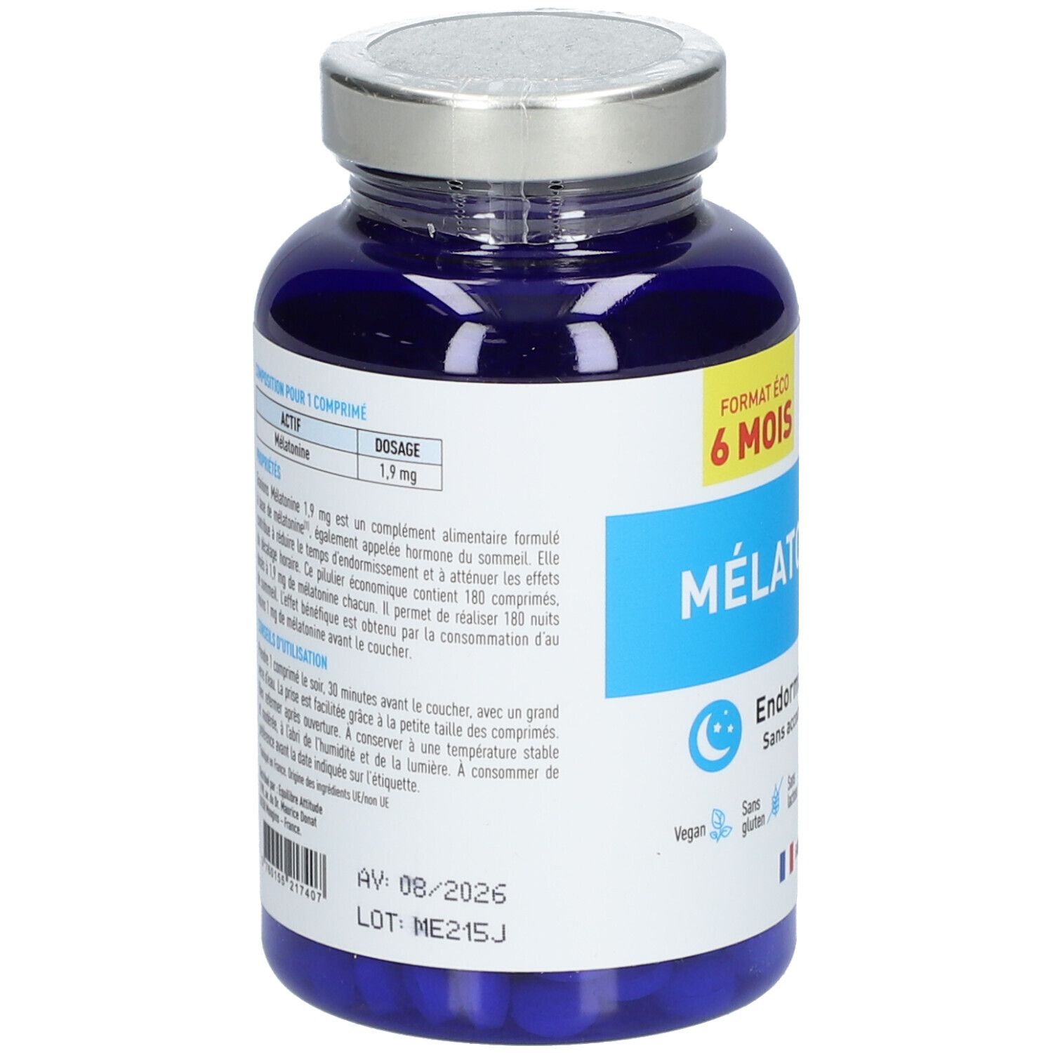 Dos de flacon bleu avec texte. Inscription : Mélatonine 1,9 mg. Date de péremption : 08/2026.