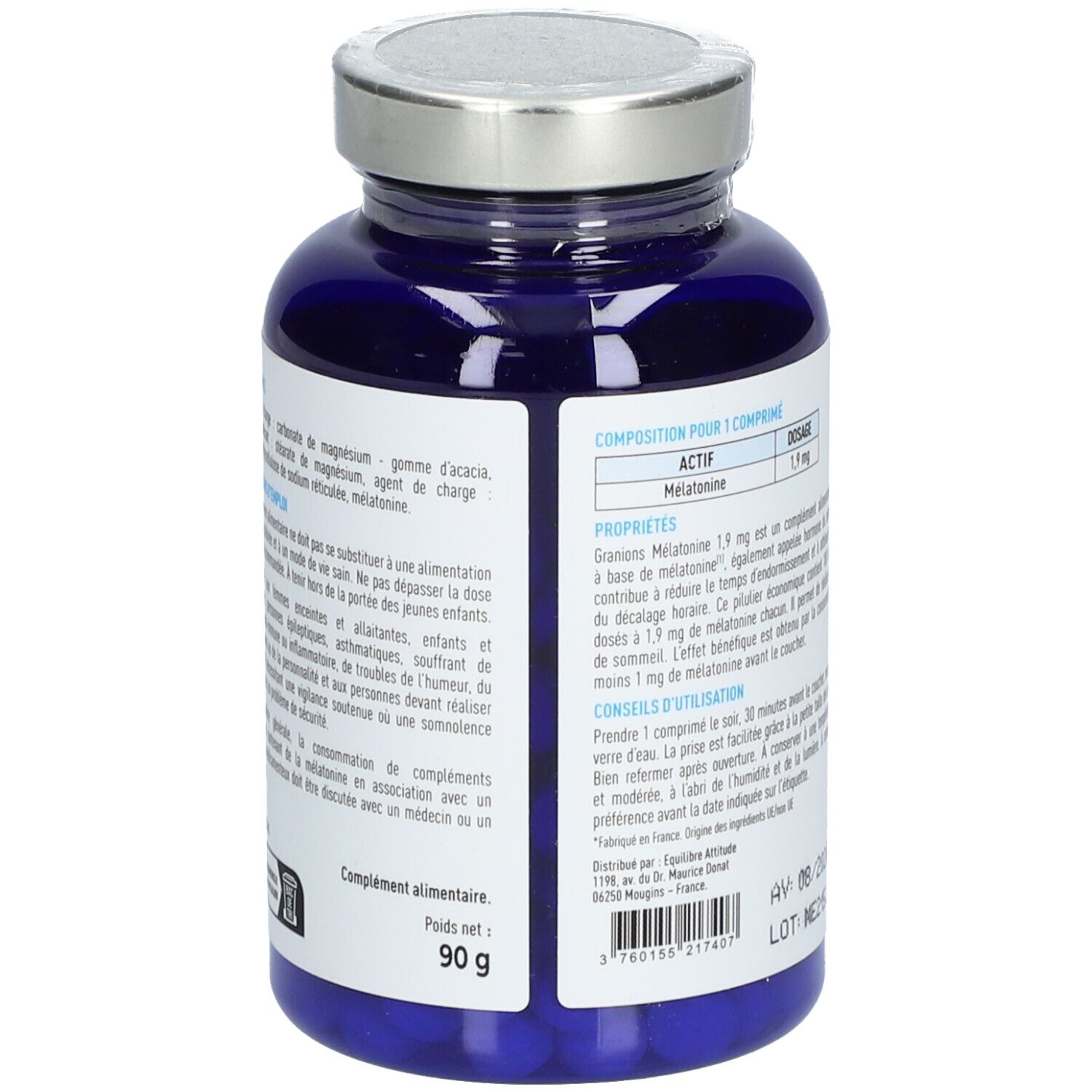 Dos de flacon bleu avec texte. Inscription : Mélatonine 1,9 mg. Poids net : 90 g.