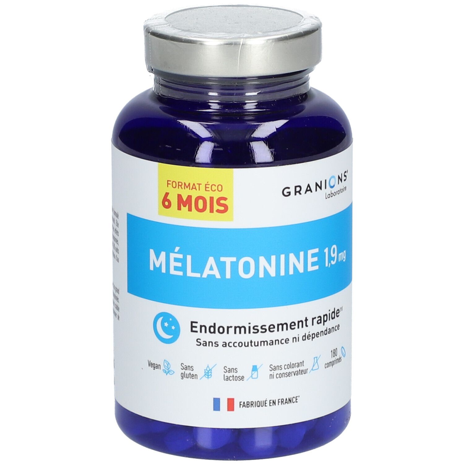 Flacon bleu de comprimés. Inscription : Mélatonine 1,9 mg, 180 comp. Vegan, sans gluten, sans lactose, sans colorant.