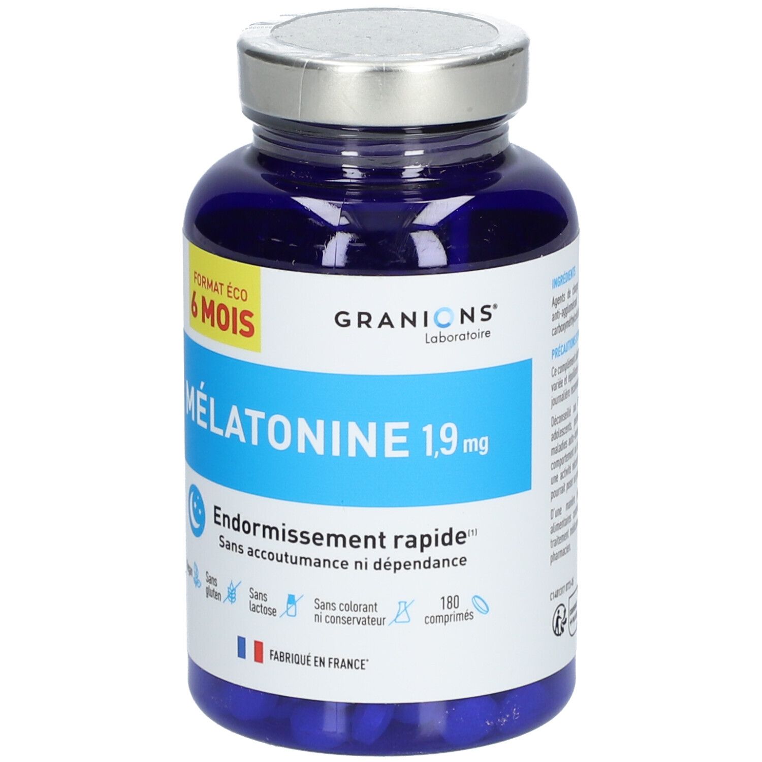 Flacon bleu de comprimés. Inscription : Mélatonine 1,9 mg, 180 comp. Vegan, sans gluten, sans lactose, sans colorant.