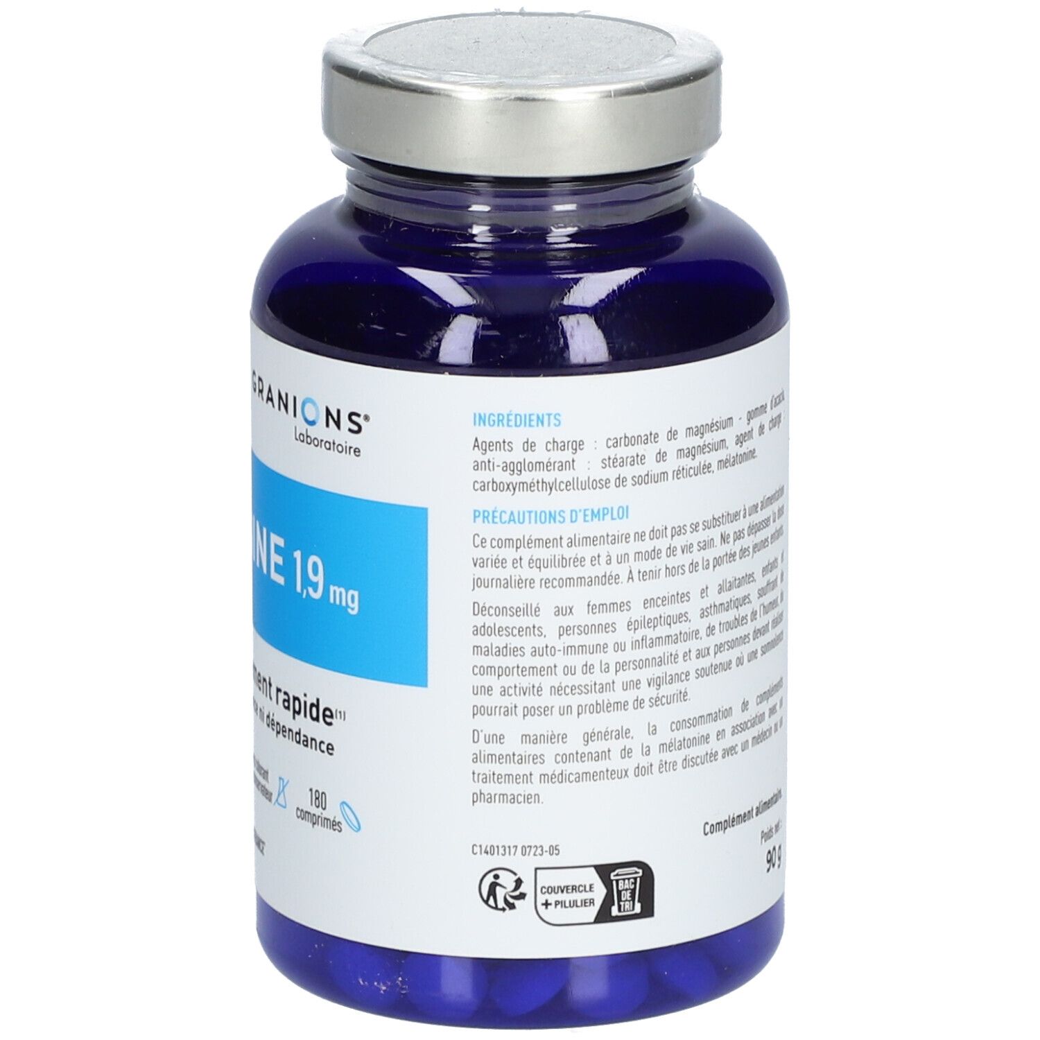 Dos de flacon bleu avec texte. Inscription : Mélatonine 1,9 mg, 180 comp. Poids net : 90 g.