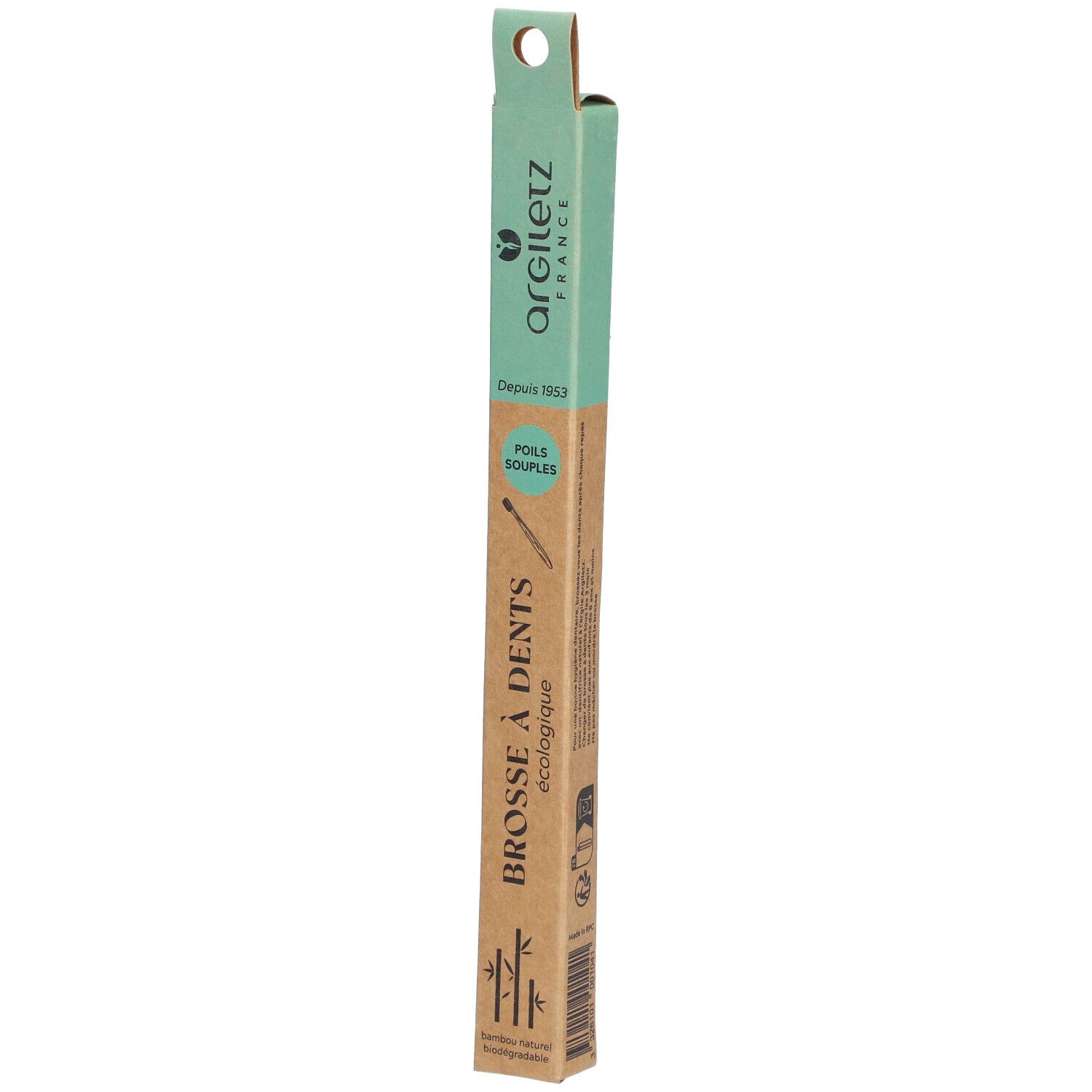 Brosse à dents écologique dans son emballage. Inscription: Brosse à dents écologique, poils souples. Marque: argiletz.