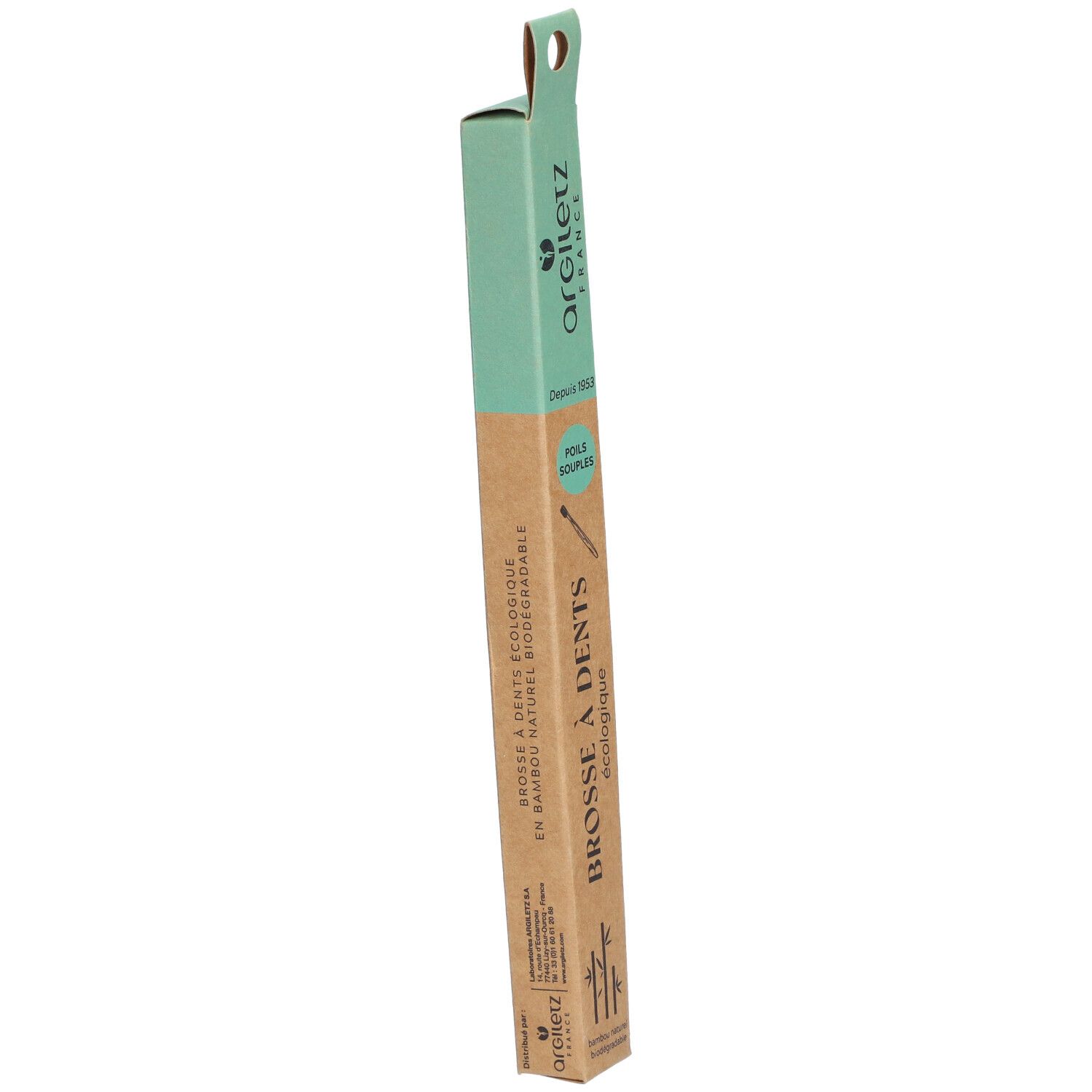 Brosse à dents écologique dans son emballage, en biais. Inscription: Brosse à dents écologique, poils souples. Marque: argiletz.