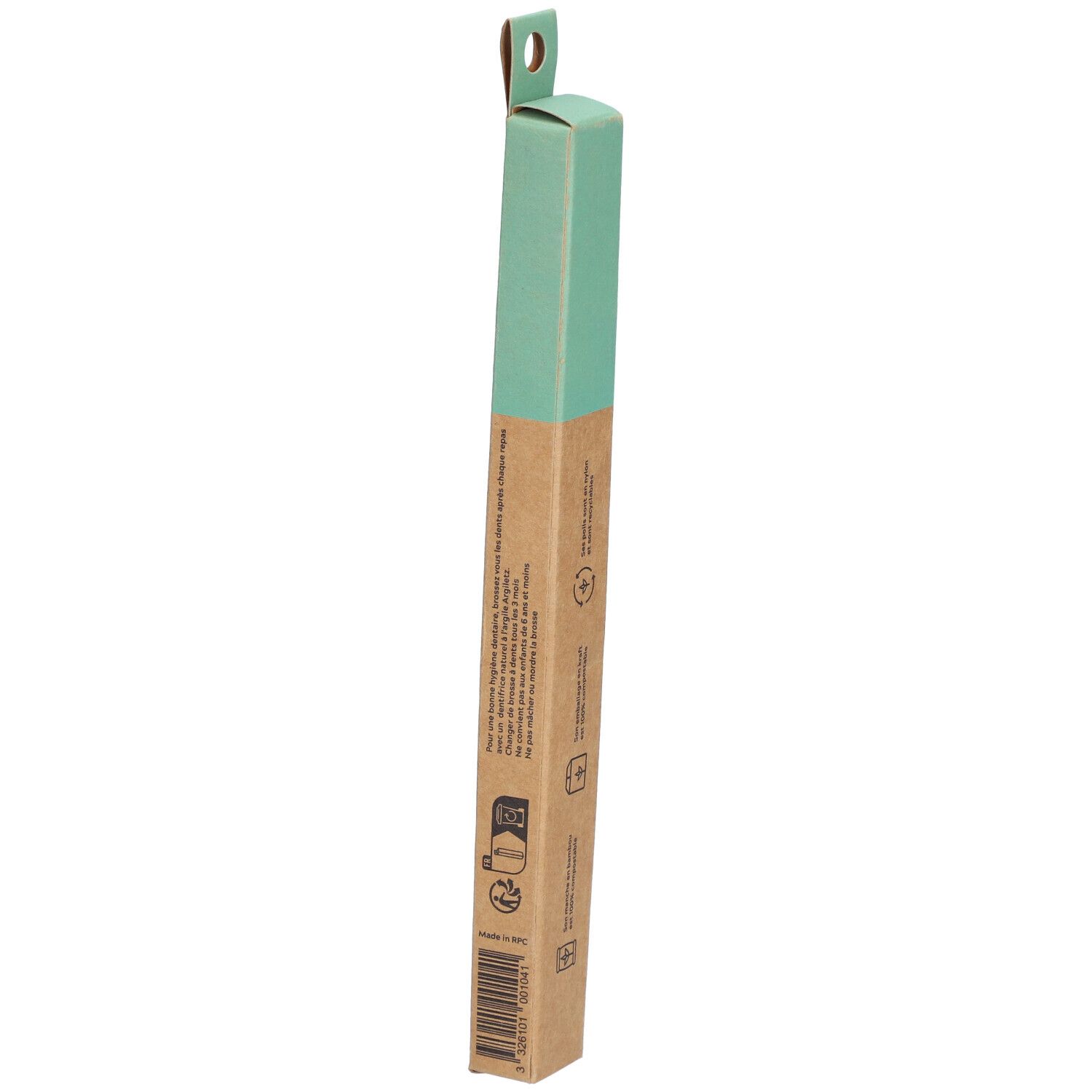 Dos de l'emballage de la brosse à dents. Texte et logos sur carton brun et couvercle vert.