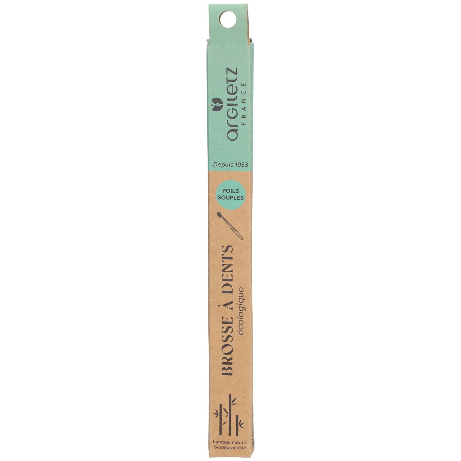 Brosse à dents écologique dans son emballage. Inscription: Brosse à dents écologique, poils souples. Marque: argiletz.