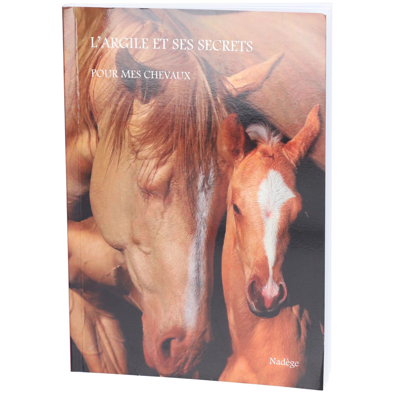 Livre intitulé "L'Argile et ses secrets pour mes chevaux". Image de deux chevaux sur la couverture.