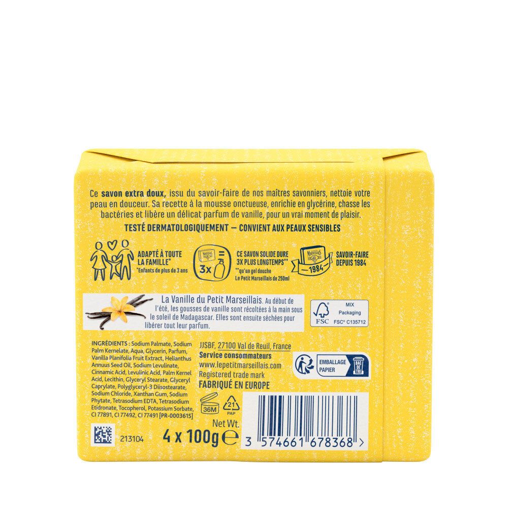 Arrière de l'emballage de 4 savons Le Petit Marseillais Vanille. Contient ingrédients et instructions.