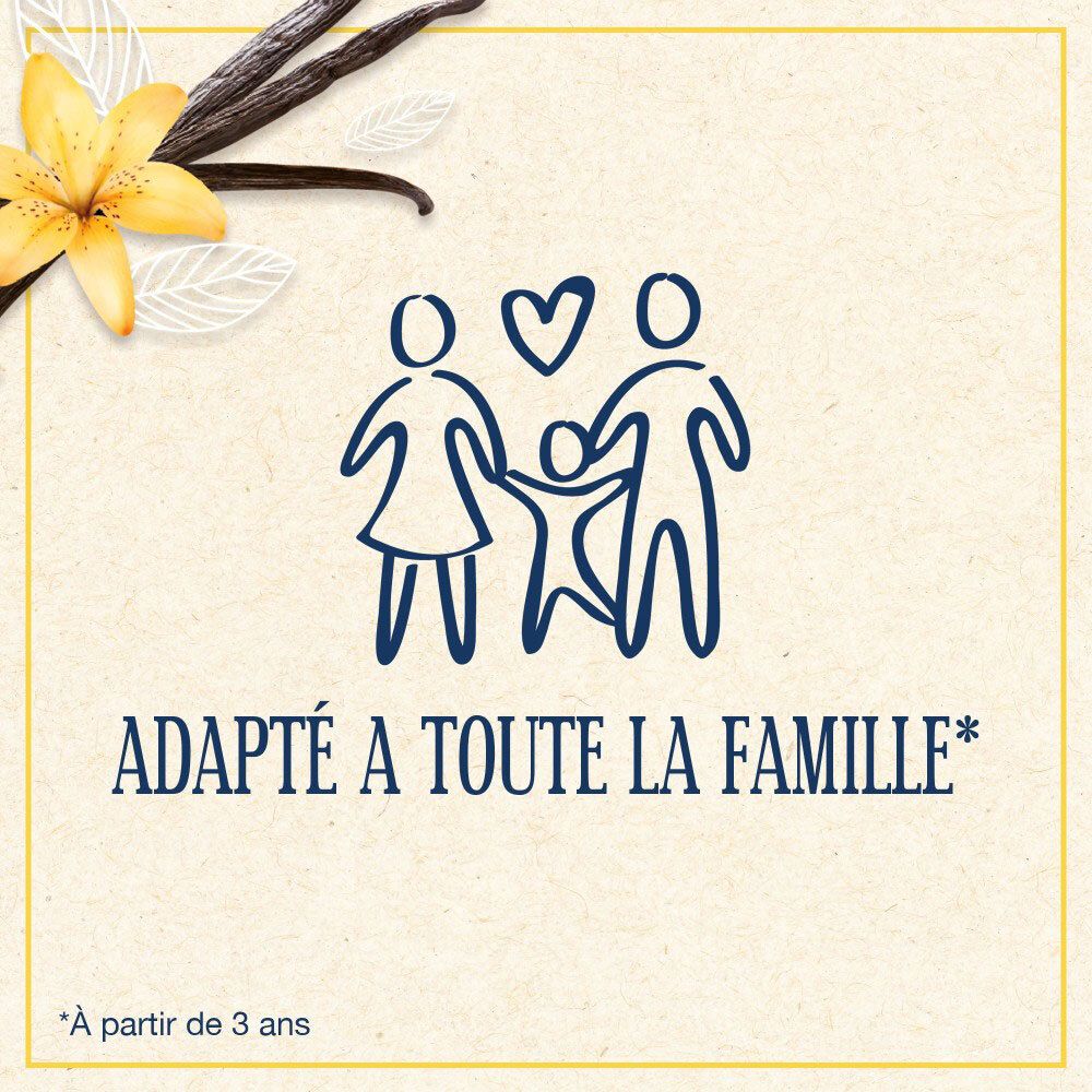 Icône familiale avec cœur et texte 'Adapté à toute la famille'. Savon Le Petit Marseillais Vanille.