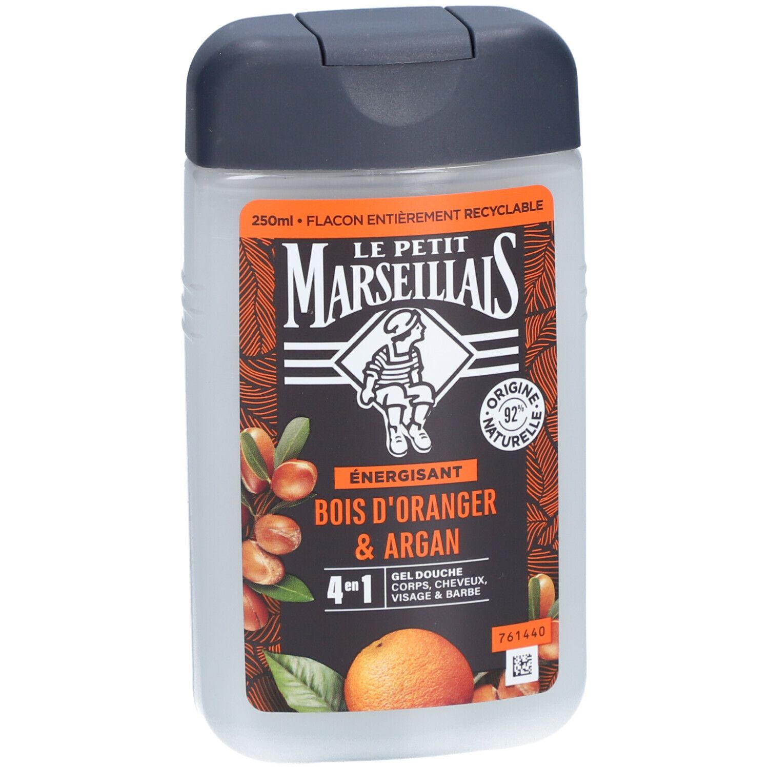 Gel douche Le Petit Marseillais. Étiquette orange avec nom et illustration. Flacon 250ml, recyclable.