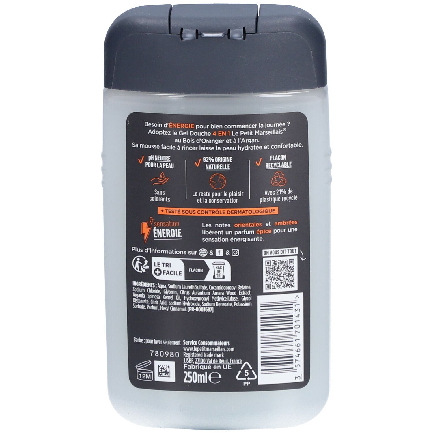 Dos du gel douche Le Petit Marseillais. Informations produit, ingrédients et consigne de recyclage. 250ml.