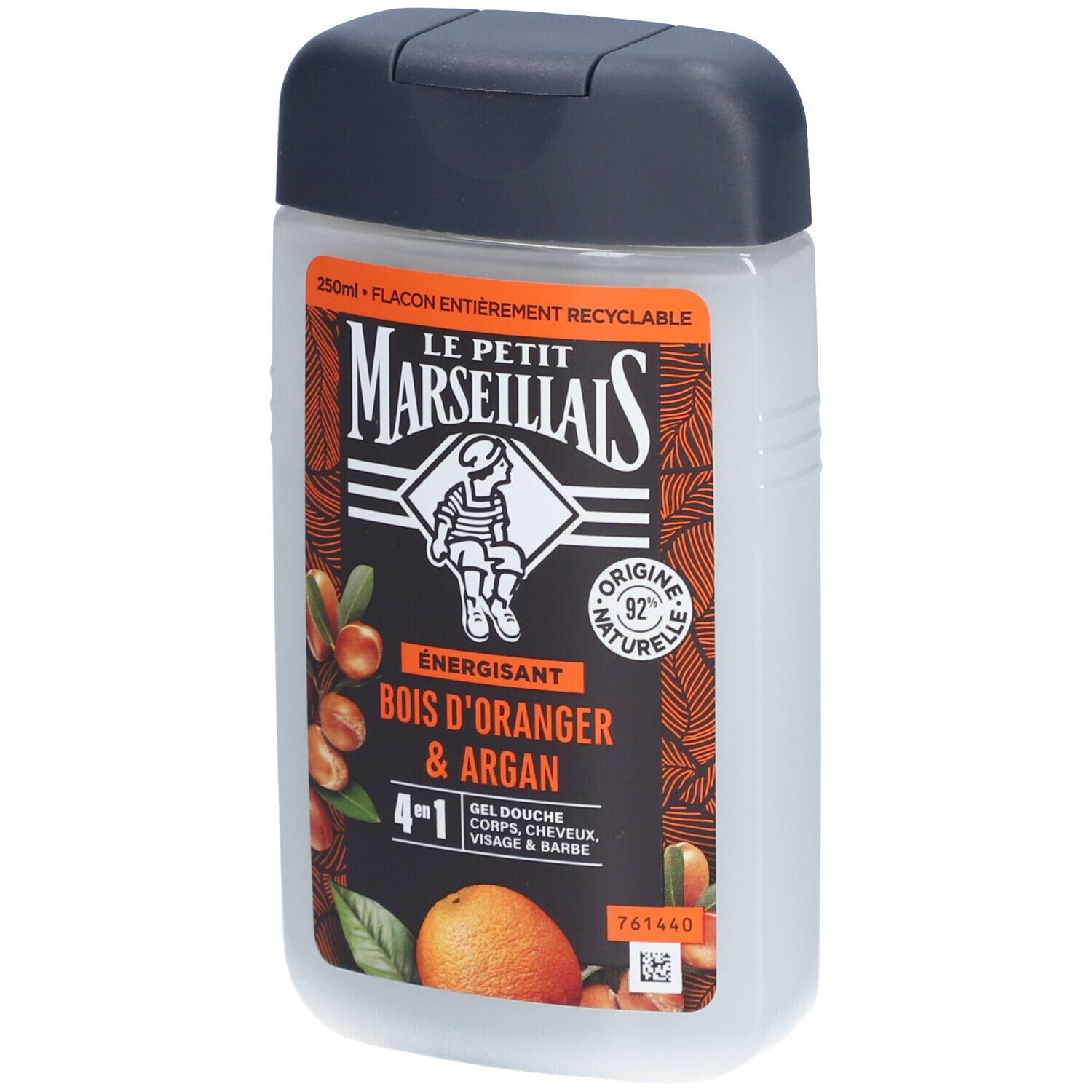 Gel douche Le Petit Marseillais. Étiquette orange avec nom et illustration. Flacon 250ml, recyclable.