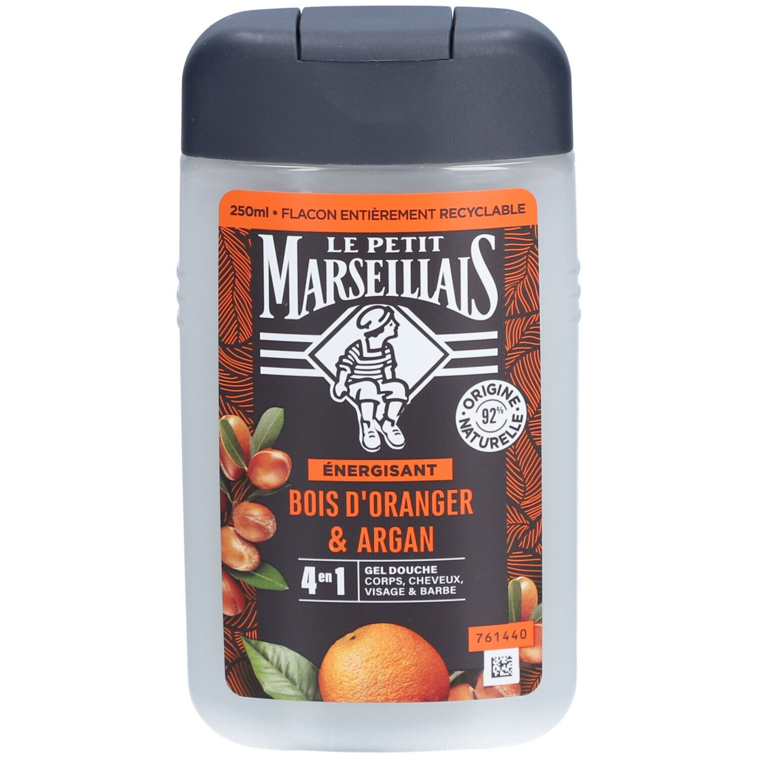Gel douche Le Petit Marseillais. Étiquette orange avec nom et illustration. Flacon 250ml, recyclable.
