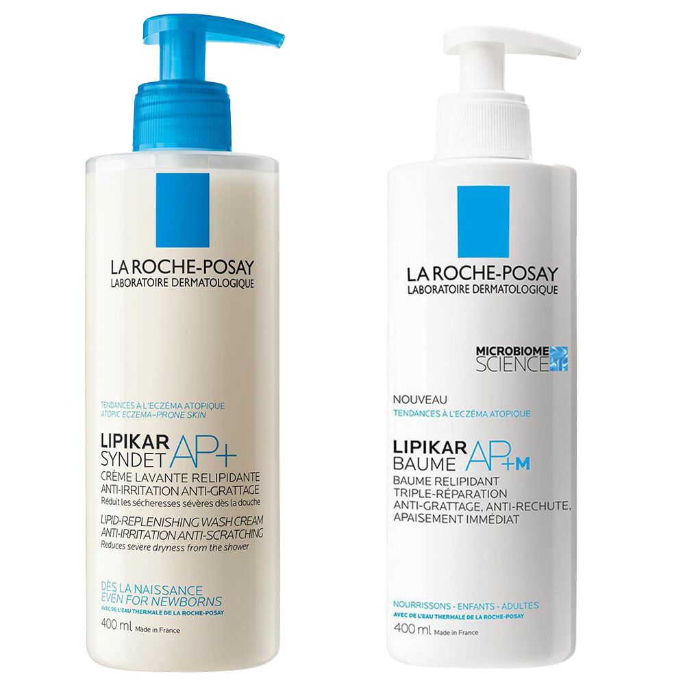 Deux flacons de produits LA ROCHE-POSAY. À gauche : LIPIKAR Syndet AP+. À droite : LIPIKAR Baume AP+M. Avec pompes.