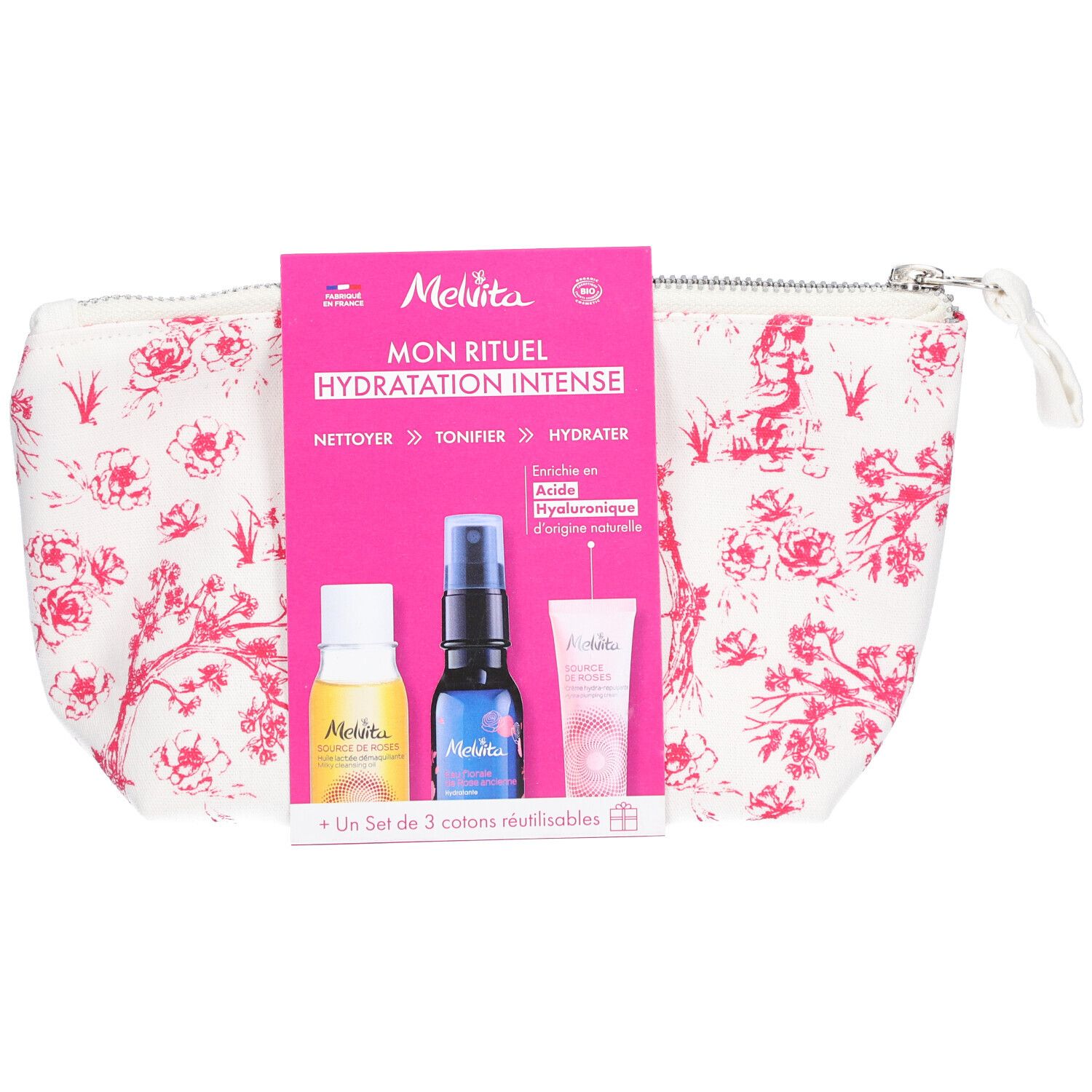 Trousse de toilette à motifs floraux. Contient trois produits et un emballage avec nom et marque.