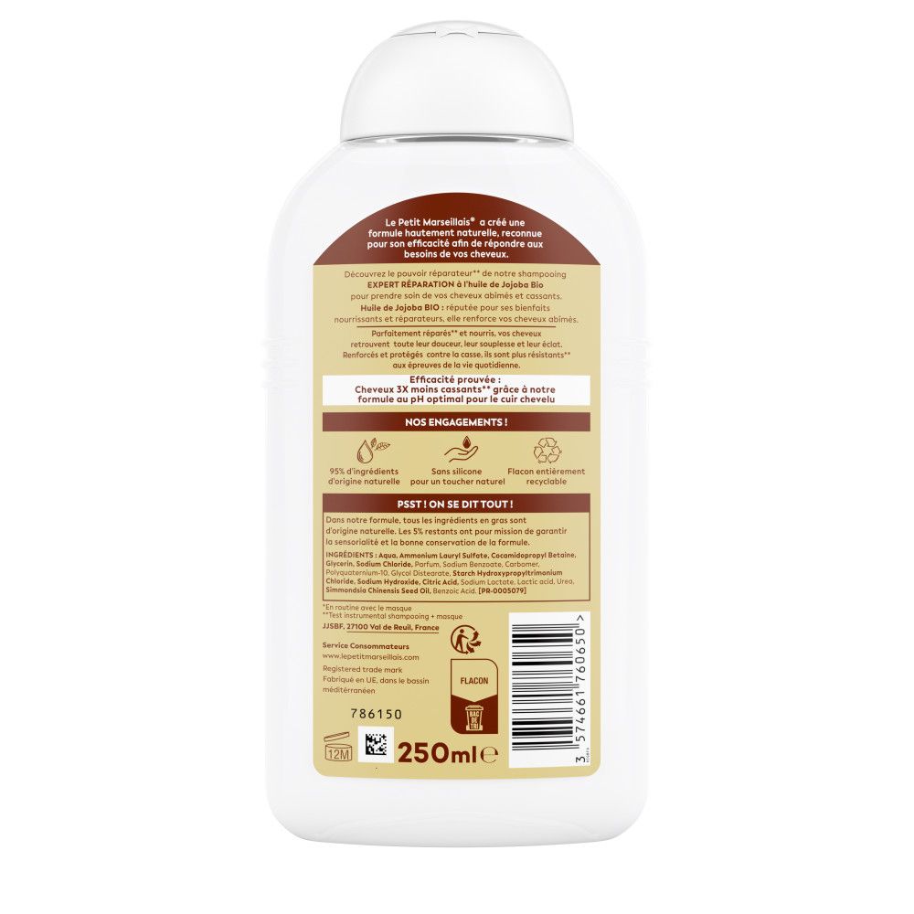 Dos du flacon de shampooing. Texte: ingrédients, 95% ingrédients naturels, sans silicone, flacon recyclable.
