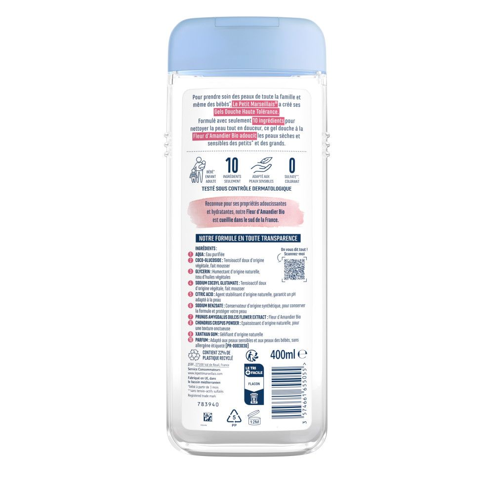 Dos du flacon. Texte: ingrédients, 10 ingrédients, 0 savon, 0 sulfate, 0 colorant. Testé dermatologiquement.