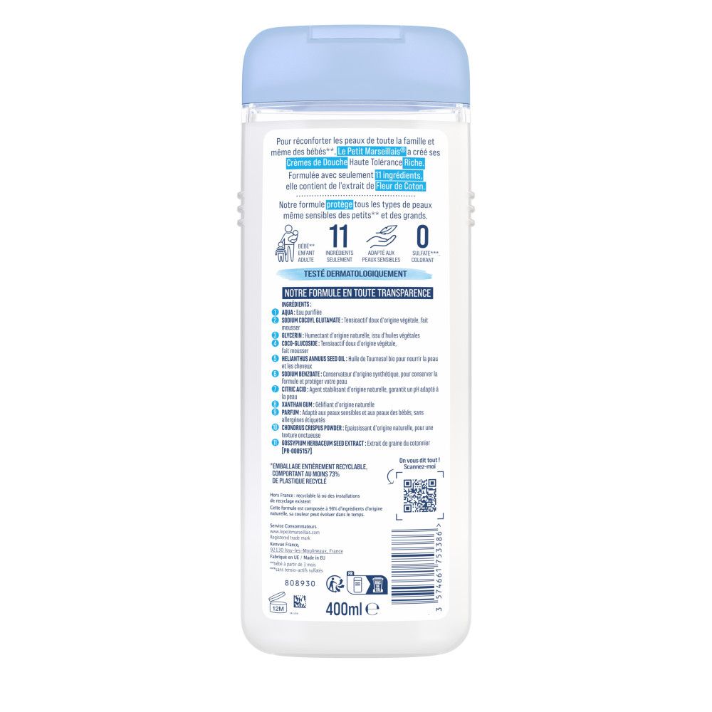 Dos du flacon de crème de douche. Ingrédients et informations. 400ml.