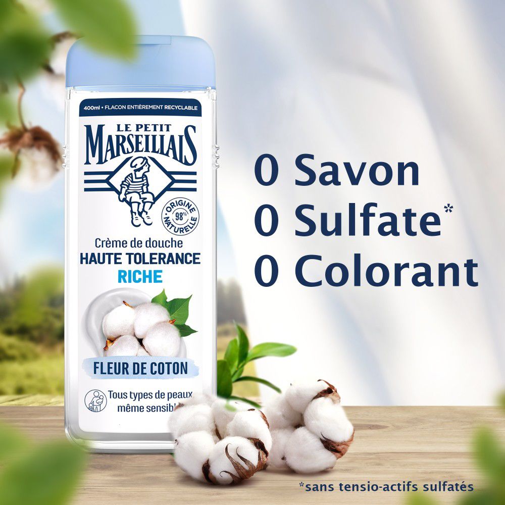 Crème de douche Fleur de Coton. 0 savon, 0 sulfate, 0 colorant.