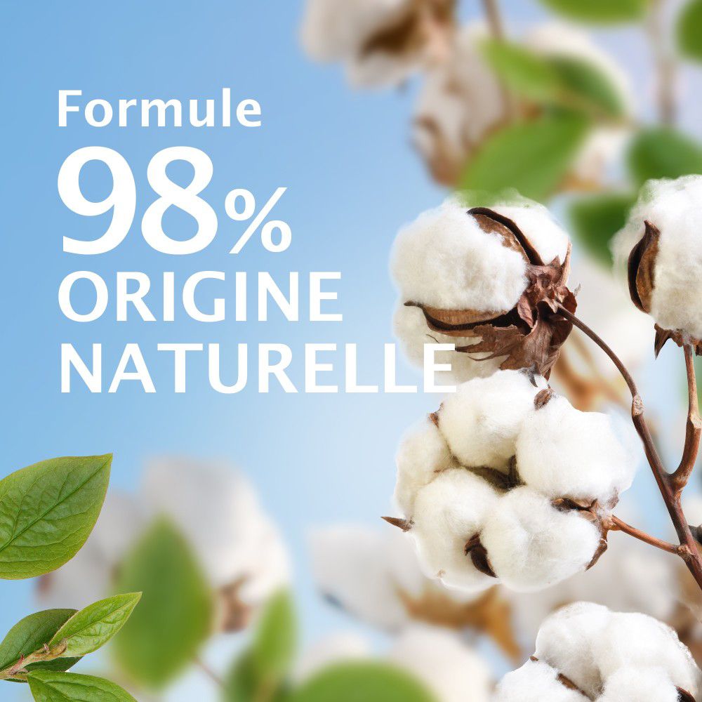 Fleurs de coton. Texte: 98% d'origine naturelle.