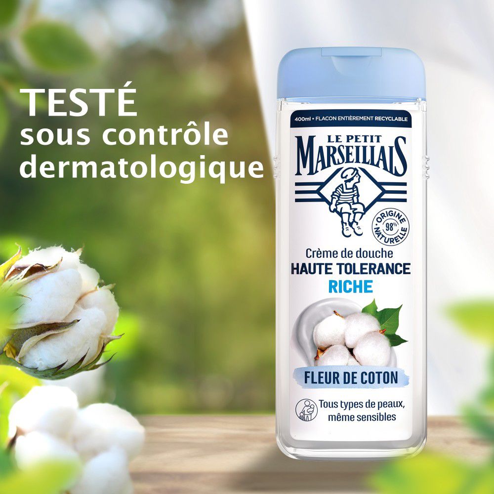 Flacon de crème de douche Fleur de Coton. Testé dermatologiquement.