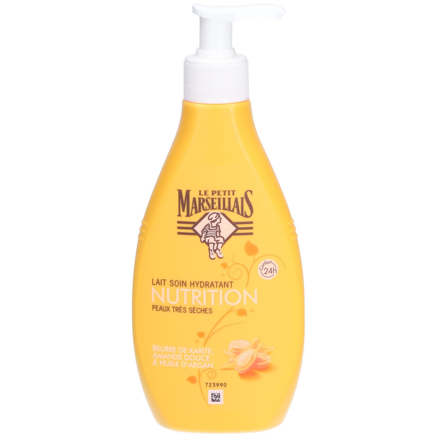 Flacon jaune avec pompe. Inscription: LE PETIT MARSEILLAIS, Lait Corps Hydratant Nutrition, Peaux très sèches. Beurre de karité, huile d'amande douce et d'argan.