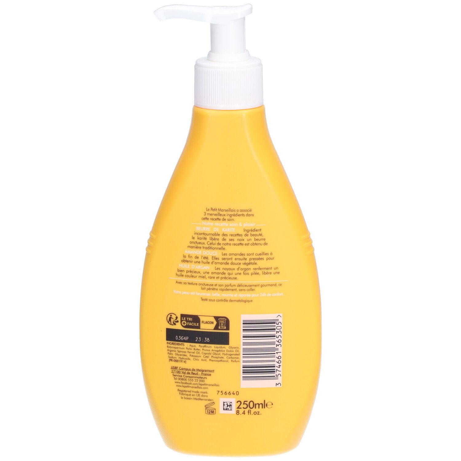 Dos d'un flacon jaune avec pompe. Texte multilingue. Volume : 250ml.