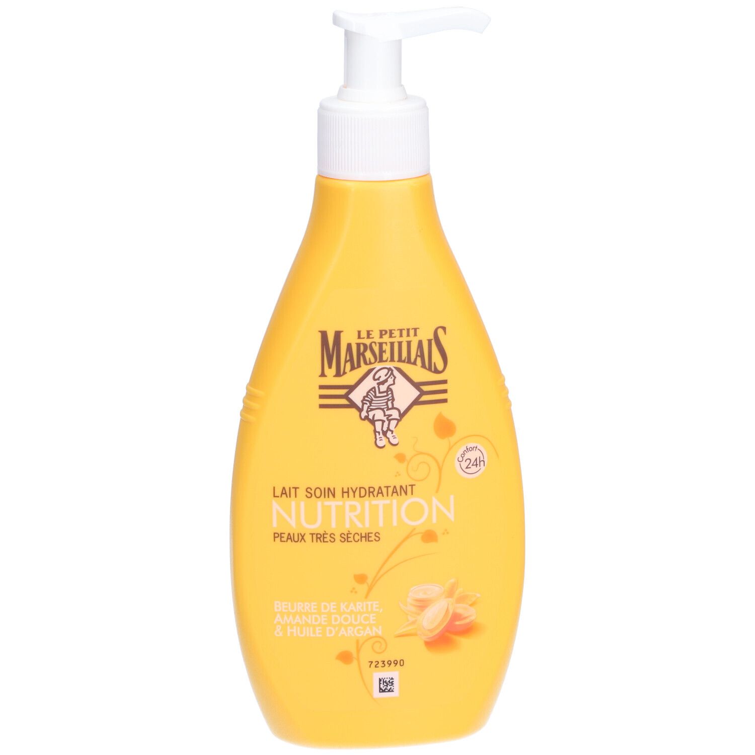 Flacon jaune avec pompe. Inscription: LE PETIT MARSEILLAIS, Lait Corps Hydratant Nutrition, Peaux très sèches. Beurre de karité, huile d'amande douce et d'argan.