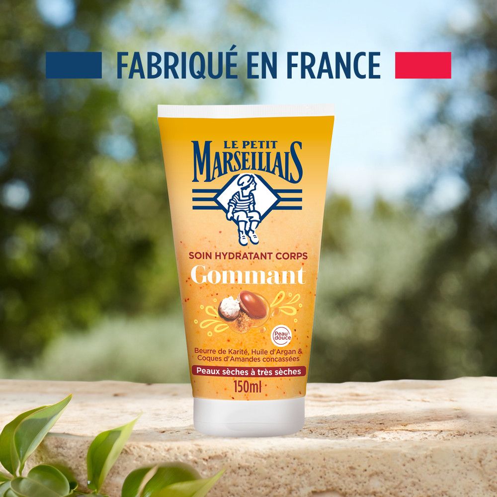 Tube jaune. Texte: Soin Hydratant Corps, Gommant. Texte: Fabriqué en France.