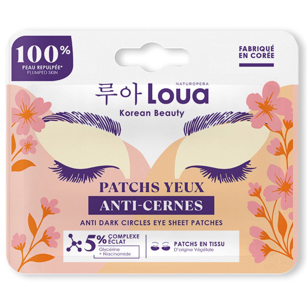 Packaging de patchs yeux anti-cernes Loua Korean Beauty. Contient 5% de complexe avec glycérine et niacinamide.