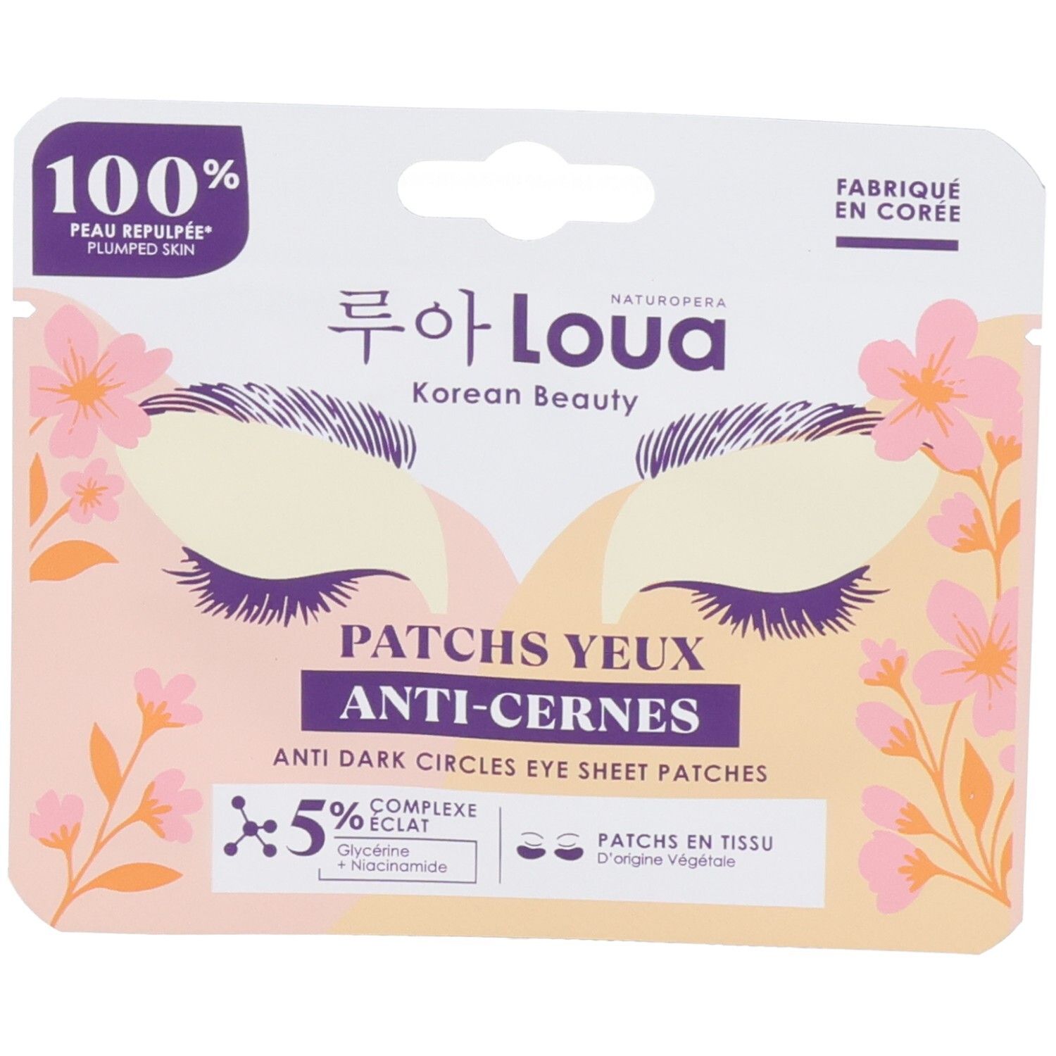 Packaging de patchs yeux anti-cernes Loua Korean Beauty. Contient 5% de complexe avec glycérine et niacinamide.