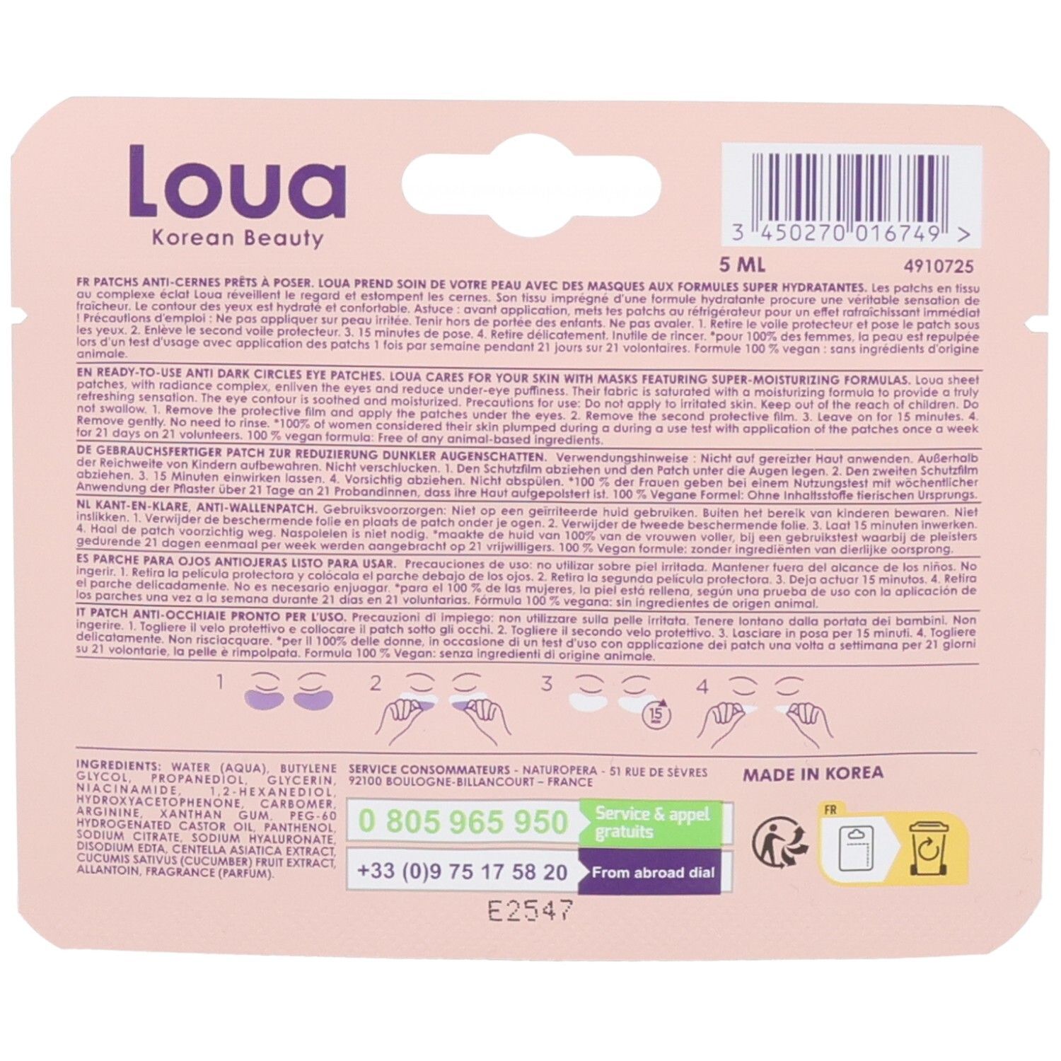 Arrière de l'emballage des patchs yeux Loua Korean Beauty. Indique les ingrédients, les instructions et le pays de fabrication (Corée).