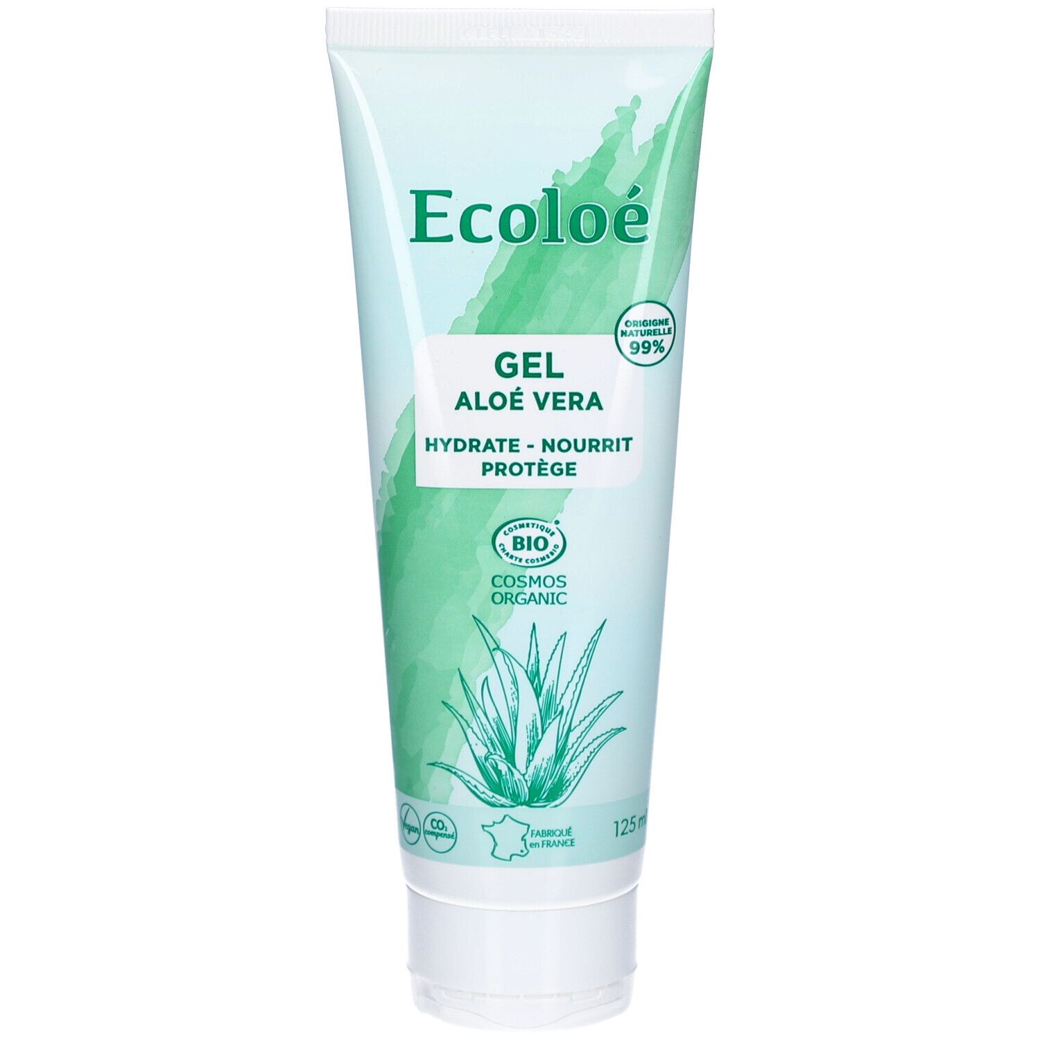 Tube de gel Ecoloé Aloe Vera. Design vert avec mentions: BIO, 99% d'ingrédients d'origine naturelle. Inscription: HYDRATE - NOURRIT - PROTÈGE.