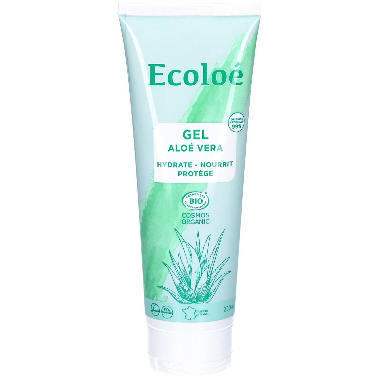 Tube de gel ECOLOE Aloe Vera. Fond vert clair, illustration d'aloe vera. Texte: GEL ALOE VERA, HYDRATE - NOURRIT - PROTÈGE. Certification bio.