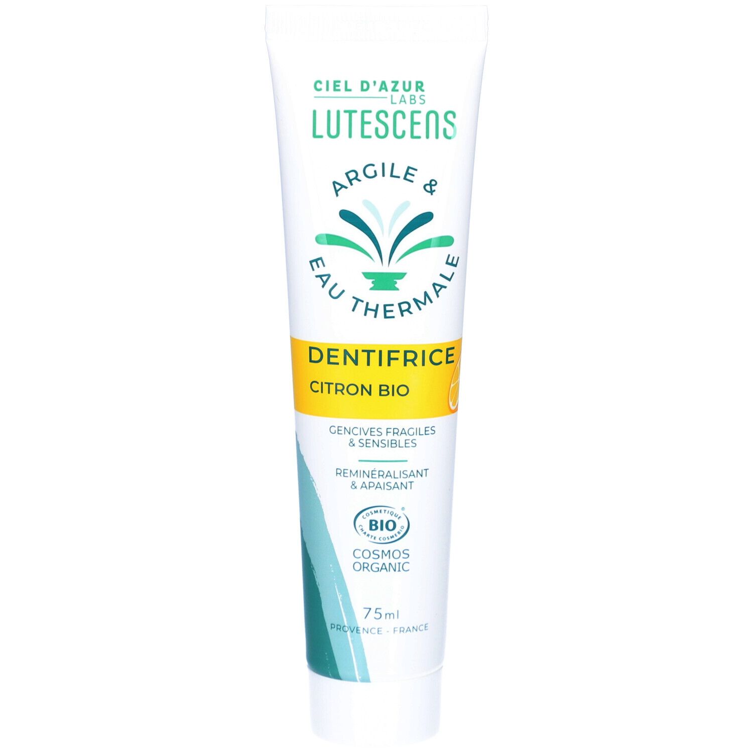 Tube de dentifrice CIEL D'AZUR LUTESCENS. Blanc, accents verts et jaunes. Texte : "Dentifrice Citron Bio".