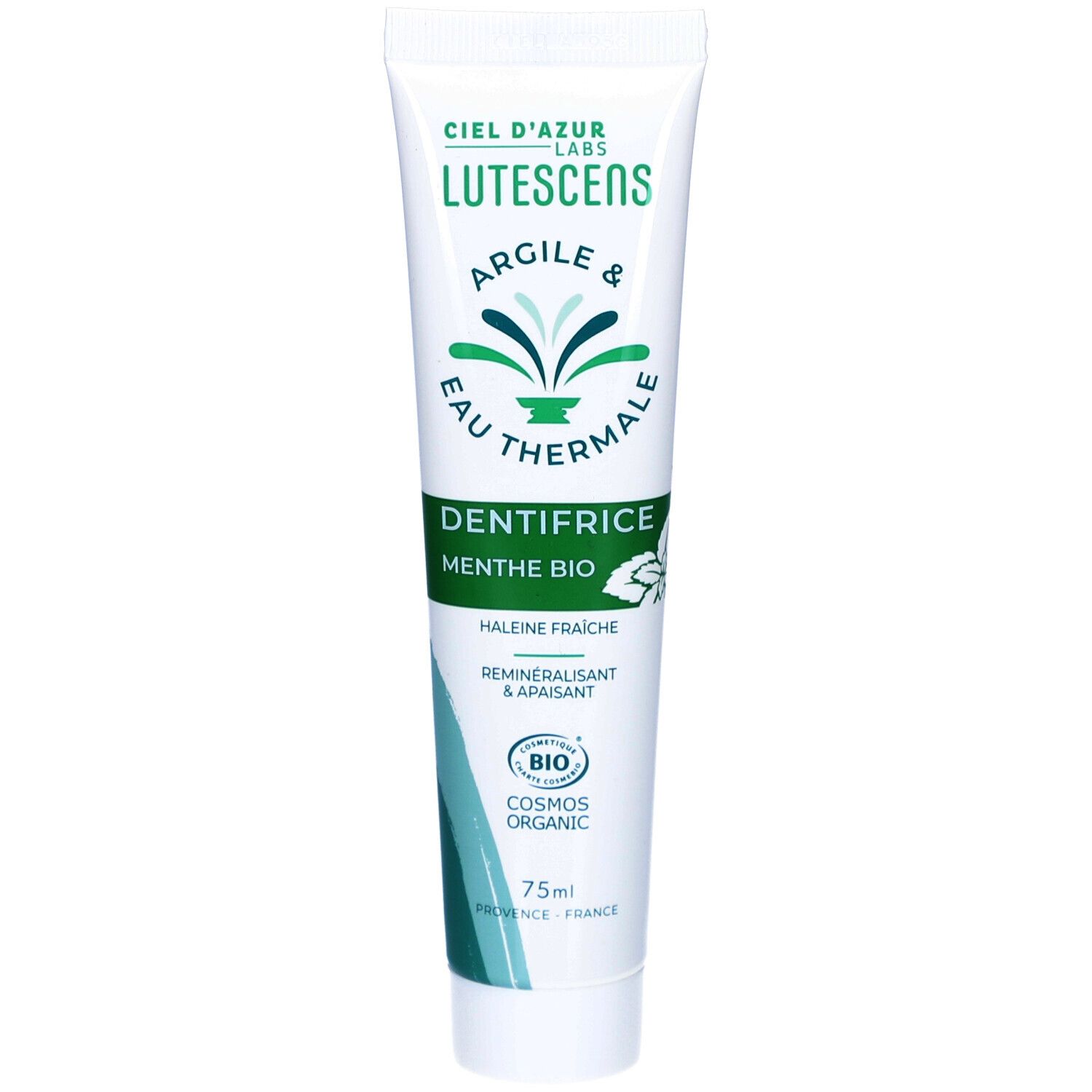 Tube de dentifrice blanc. Inscriptions: CIEL D'AZUR LUTESCENS, DENTIFRICE MENTHE BIO. Logo bio. Contenance: 75ml.