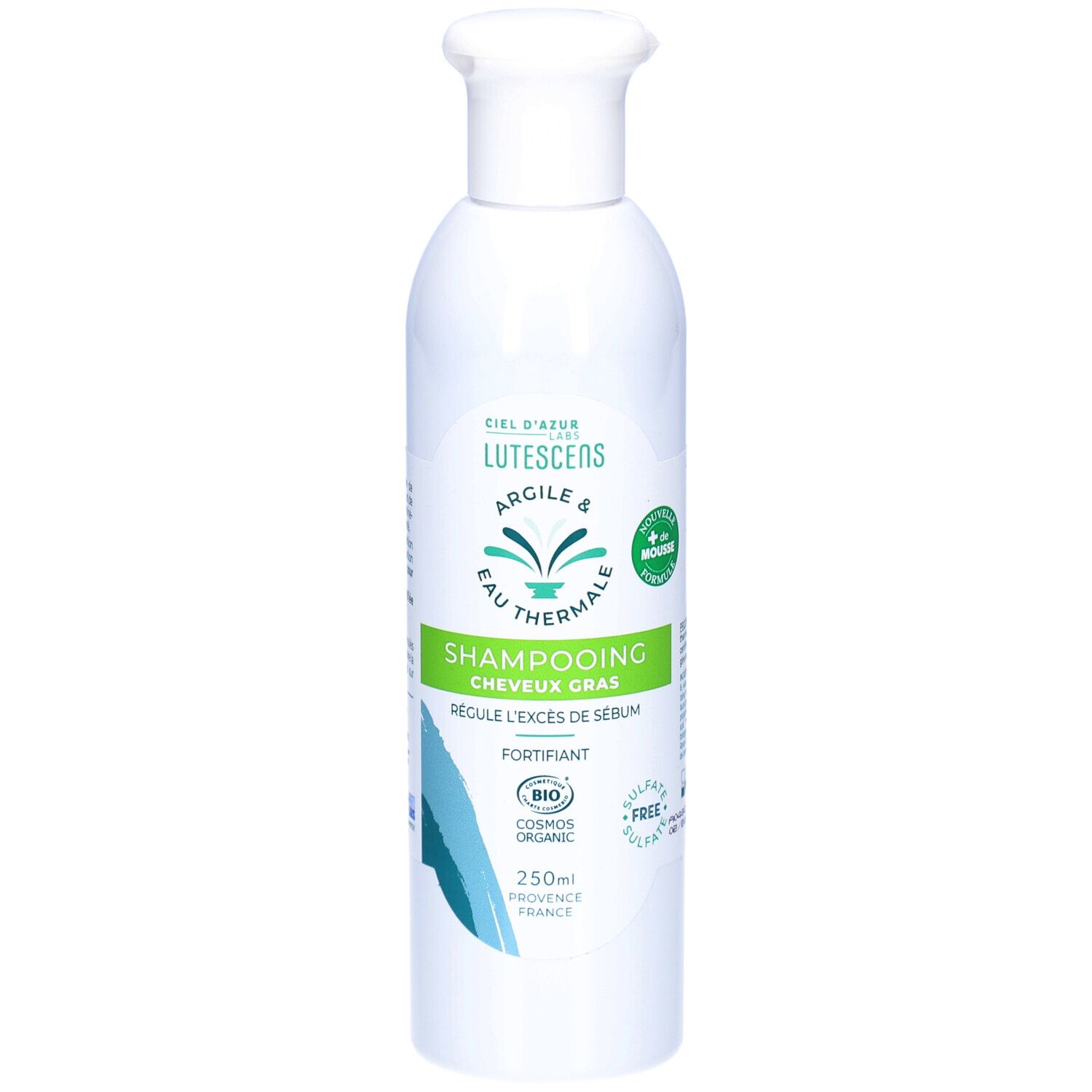 Flacon blanc CIEL D'AZUR Lutescens Shampooing Cheveux Gras. Inscription verte, graphique bleu. Certification bio.