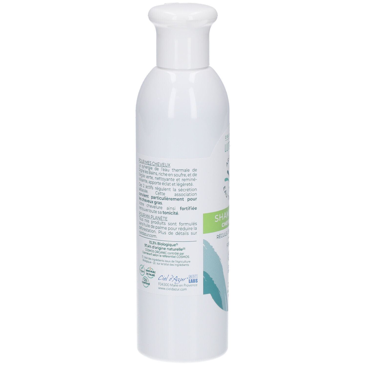 Dos du flacon blanc CIEL D'AZUR Lutescens Shampooing. Texte multilingue. Certification bio.