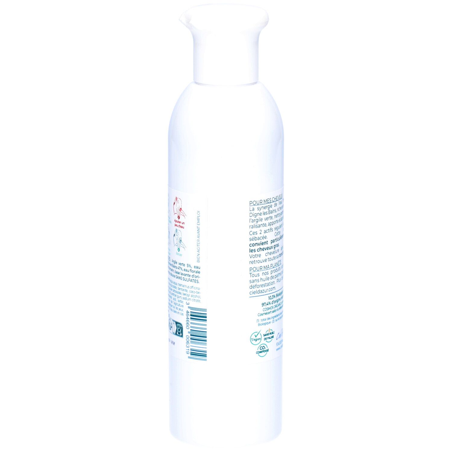 Vue latérale du flacon blanc CIEL D'AZUR Lutescens Shampooing. Texte multilingue. Certification bio.