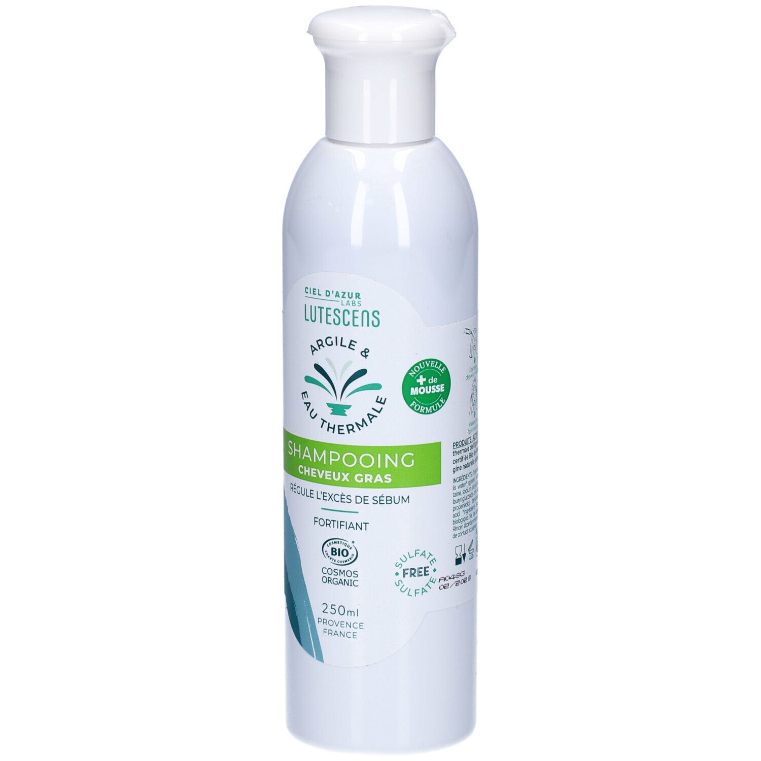 Flacon blanc CIEL D'AZUR Lutescens Shampooing Cheveux Gras. Inscription verte, graphique bleu. Certification bio.