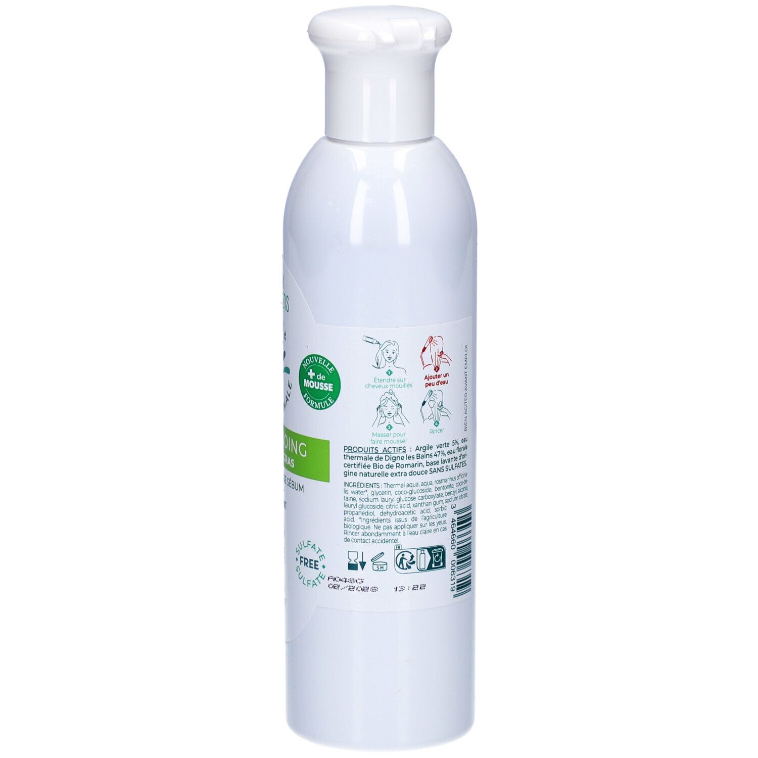 Dos du flacon blanc CIEL D'AZUR Lutescens Shampooing. Texte multilingue. Certification bio.