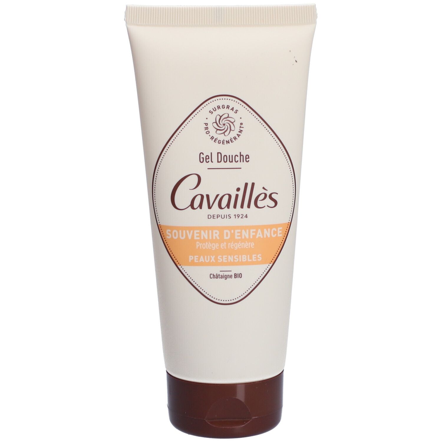 Tube de gel douche Cavaillès. Inscription: Souvenir d'enfance, peaux sensibles. Logo et texte visibles.