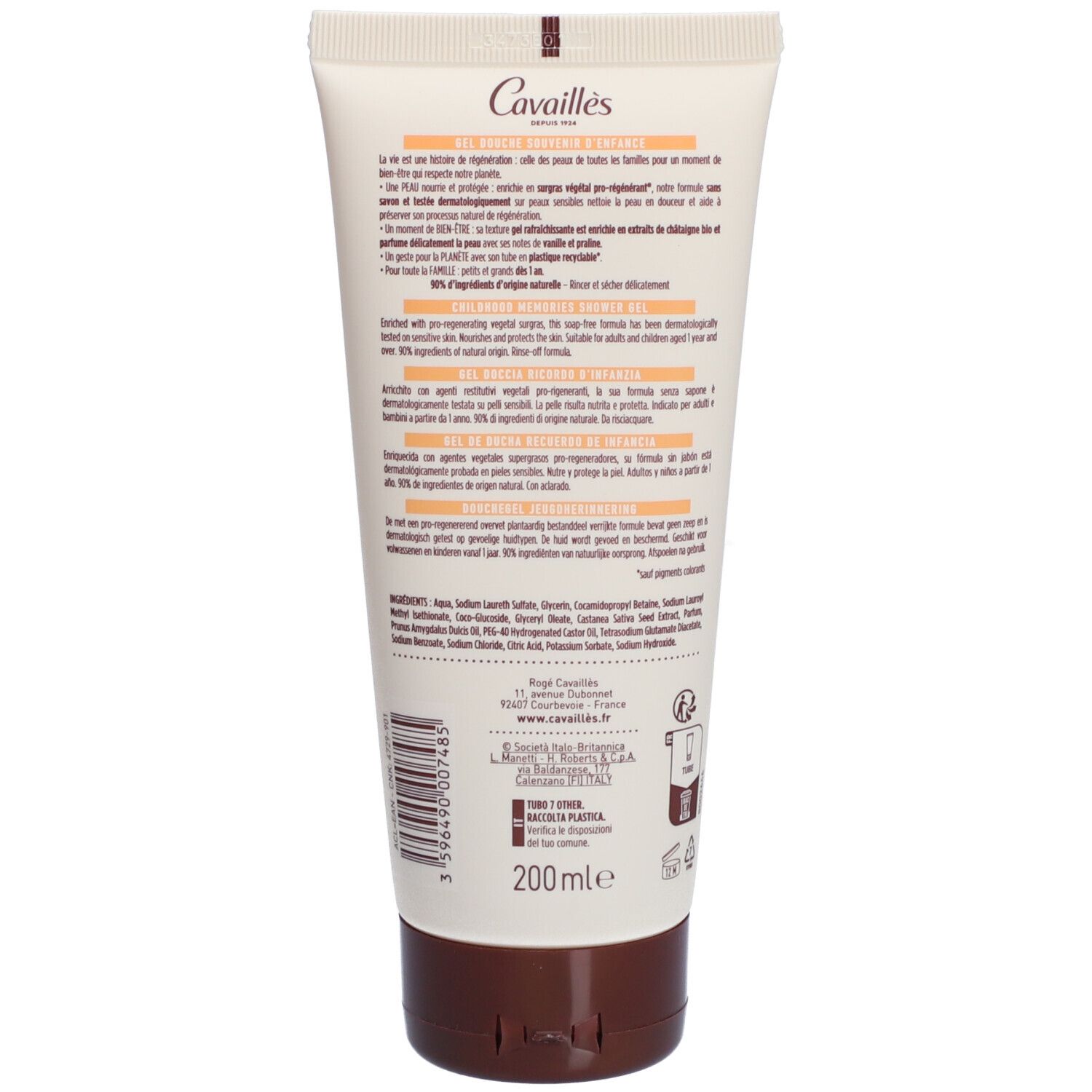 Dos du tube de gel douche Cavaillès. Texte et ingrédients. Volume: 200ml.