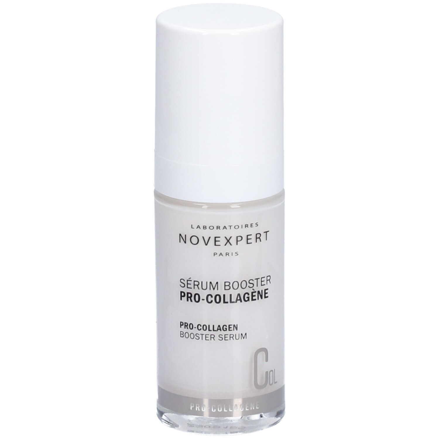 Flacon transparent avec bouchon blanc. Inscription: Novexpert, Sérum Booster Pro-Collagen, Pro-Collagen Booster Serum.