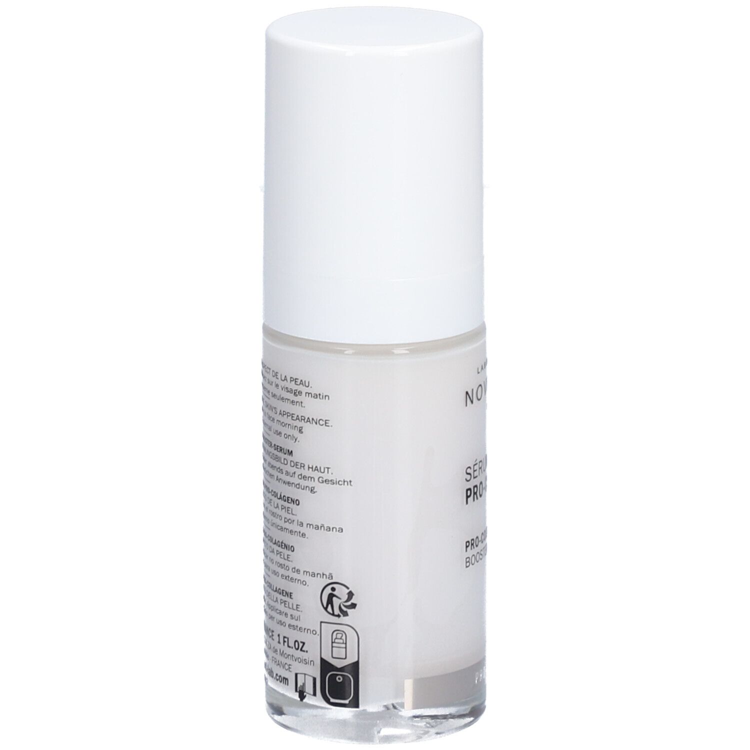 Flacon transparent avec bouchon blanc. Dos avec texte. Inscription: Novexpert, Sérum Booster Pro-Collagen, Pro-Collagen Booster Serum.