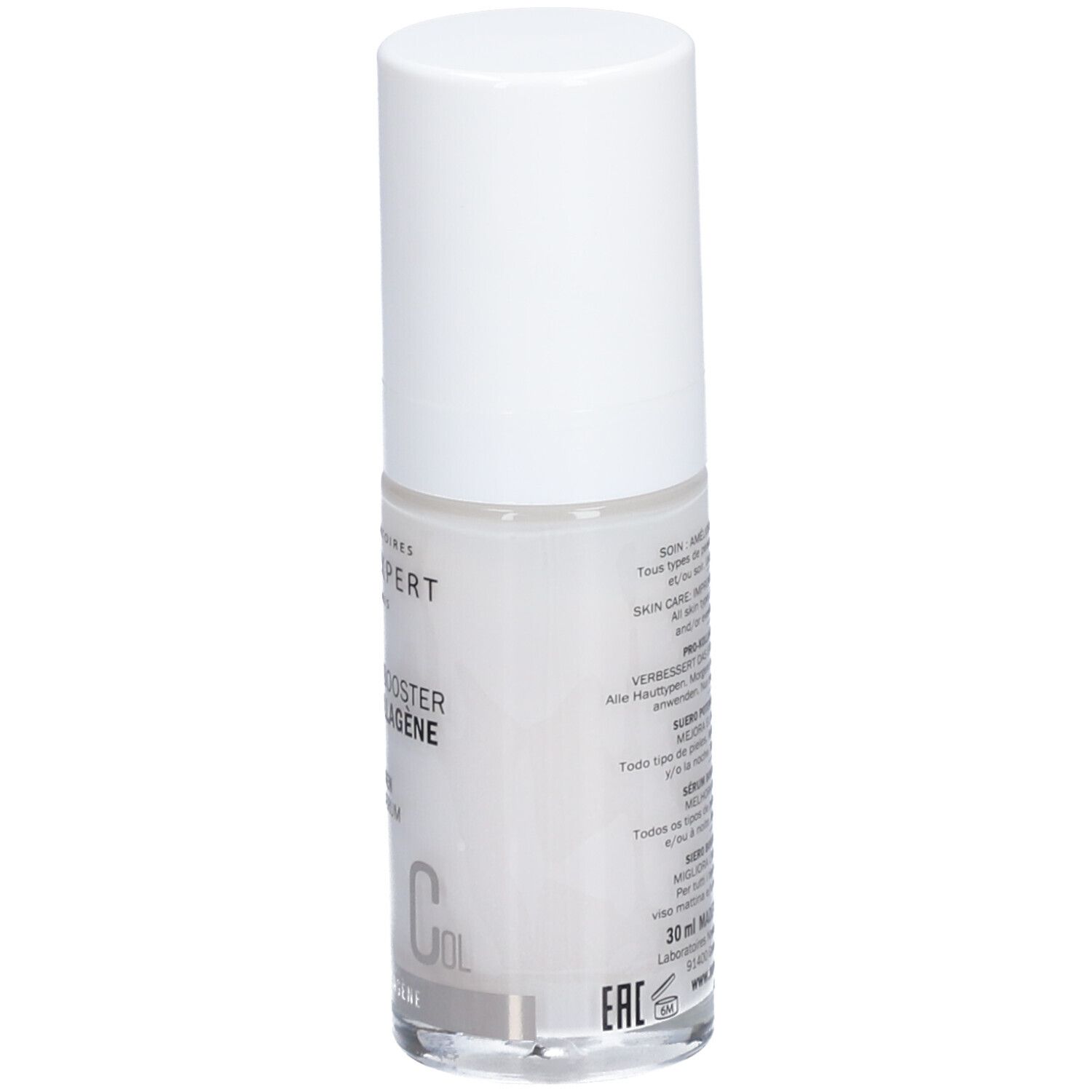 Flacon transparent avec bouchon blanc. Dos avec texte. Inscription: Novexpert, Sérum Booster Pro-Collagen, Pro-Collagen Booster Serum.